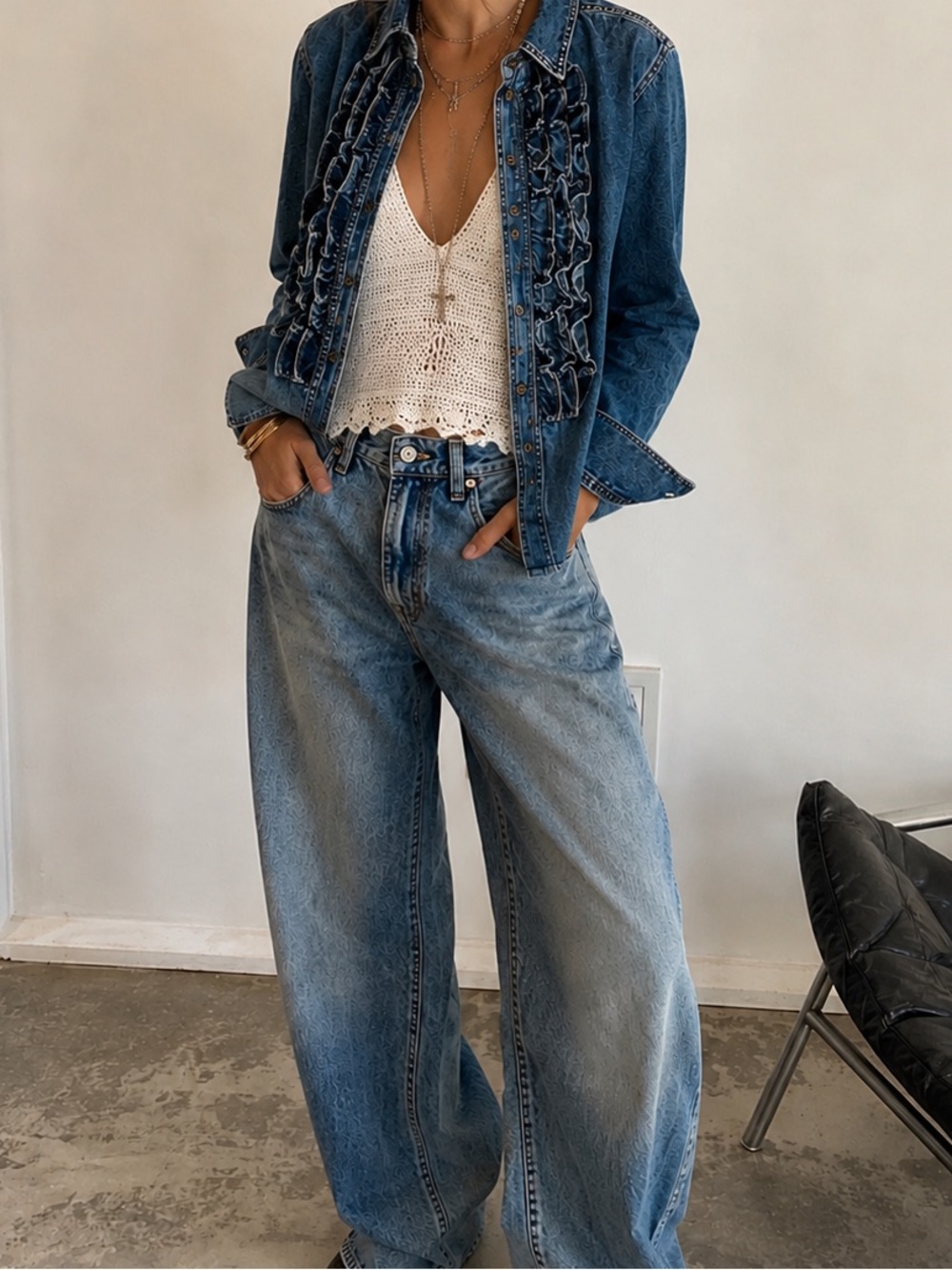 Vintage Tuxedo Ruffle Denim Shirt
